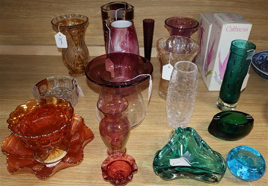 A French ruby overlay faceted glass vase, stamped France to base and two other items,